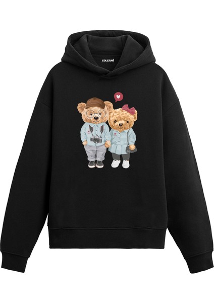 Sevimli Çift Ayıcıklar Tasarım Pamuklu Normal Kesim Sanatçı Hoodie Sevgili Kombini Sevgiliye Baskılı Kapşonlu Sweatshirt
