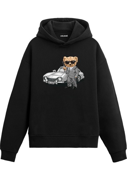 Retro Şoför Ayıcık Tasarım Pamuklu Normal Kesim Hoodie Sevgili Kombini Sevgiliye Baskılı Kapşonlu Sweatshirt