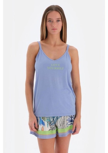 33532 Pamuklu Ip Askılı Kadın Şortlu Pijama Takımı Lila