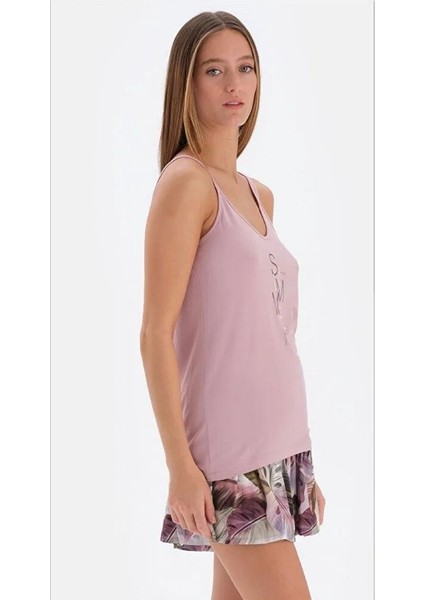 33502 Pamuklu Ip Askılı Kadın Şortlu Pijama Takımı Lila