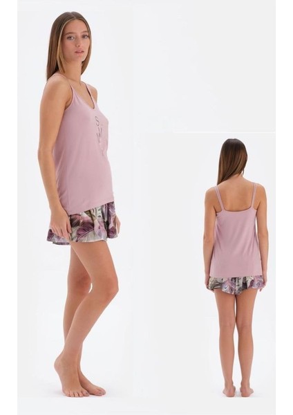 33502 Pamuklu Ip Askılı Kadın Şortlu Pijama Takımı Lila fiyatları