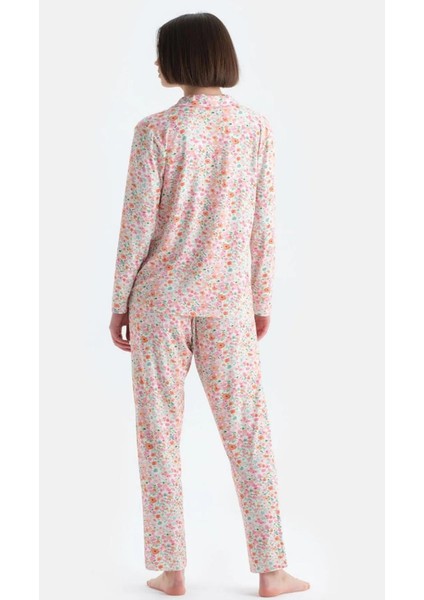33518 Pamuklu Gömlek Yaka Önden Düğmeli Uzun Kollu Kadın Pijama Takımı Pembe fiyatları