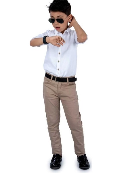 Renkli Diyar Erkek Çocuk Alt Üst Takım Gömlek Pantolon ve Kemer 3'lü Takım Kreş Ilkokul Anaokul