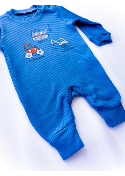 Bebek Organik Iş Makinesi Desenli Mavi Fitilli Tulum