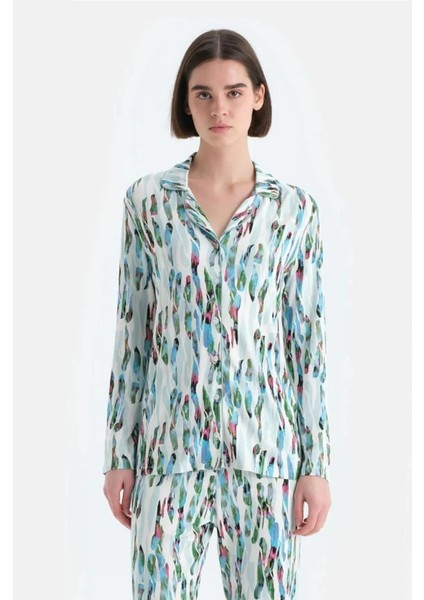 33588 Pamuklu Gömlek Yaka Önden Düğmeli Uzun Kollu Kadın Pijama Takımı Mint