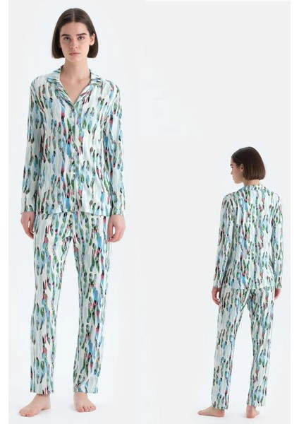 33588 Pamuklu Gömlek Yaka Önden Düğmeli Uzun Kollu Kadın Pijama Takımı Mint fiyatları