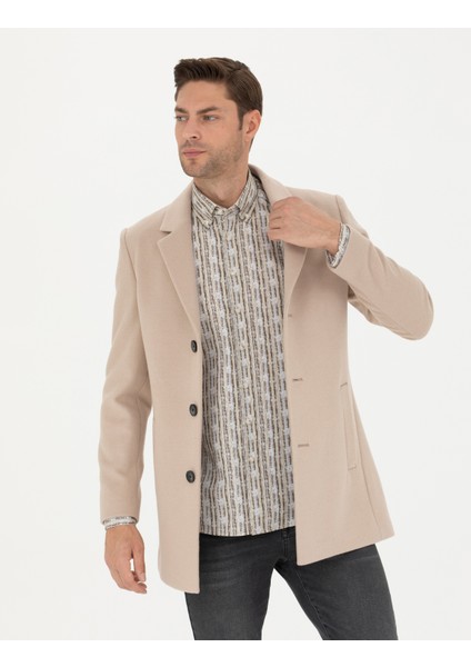 Erkek Bej Ekstra Slim Fit Yün Karışımlı Kaşe Kaban 50284222-VR011