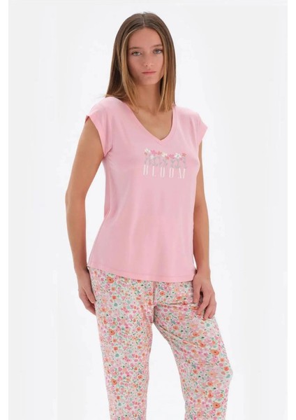33510 Pamuklu Kısa Kollu V Yaka Kadın Pijama Takımı Pembe
