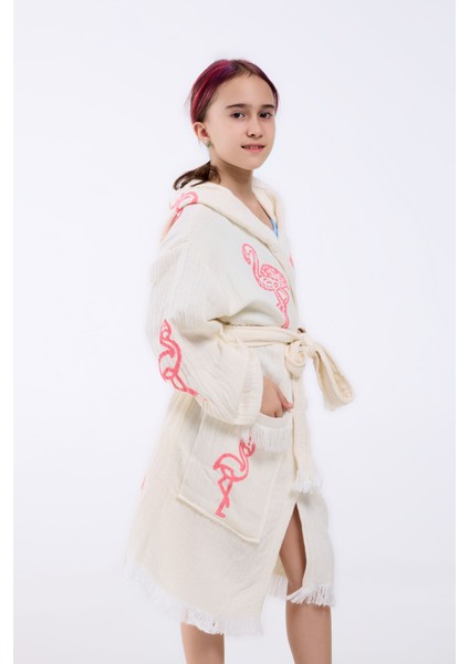 Elif Towels Naturel Ekru Flamingo Desenli Kapişonlu Çocuk Kimono