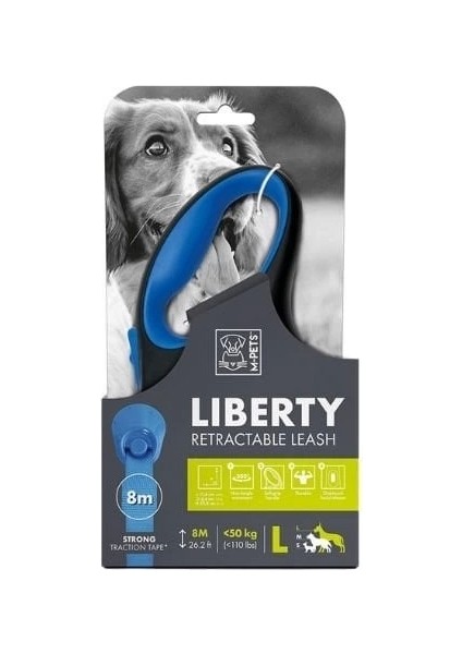 Liberty Şerit Otomatik Köpek Gezdirme Kayışı 8 mt Mavi Large