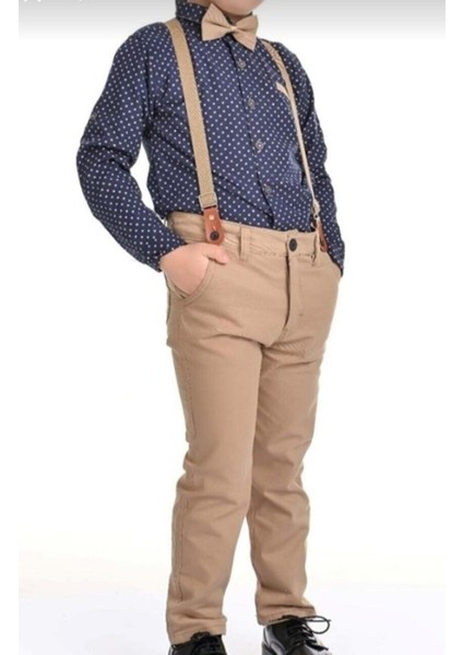 Erkek Çocuk 4'lü Altüst Takım Gömlek Pantolon Papyon Gömlek Askısı Kreş Ilkokul Anaokul