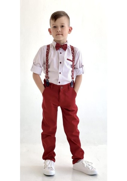 Erkek Çocuk 4'lü Altüst Takım Gömlek Pantolon Papyon Gömlek Askısı Kreş Ilkokul Anaokul