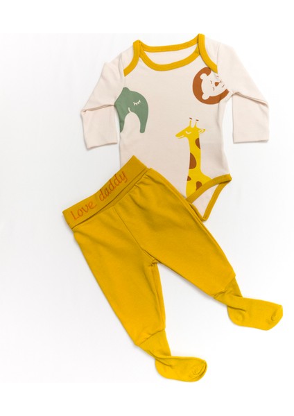 Unisex Bebek %100 Pamuk Safari Baskılı Çoraplı Sarı Zıbın Takım