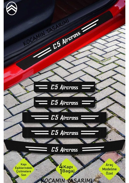 Citroen C5 Aircross Karbon Kapı Eşiği ve Bagaj Koruyucu Set Çizilmeye Dayanıklı Sticker Folyo C5 Aircross Yazılı