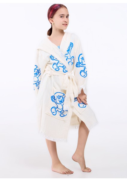 Elif Towels Naturel Ekru Şirinler Desenli Kapişonlu Çocuk Kimono