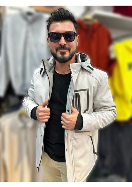 Erkek Outdoor Su ve Rüzgar Geçirmez Içi Kürk Detaylı Beyaz Softshell Kaban&mont