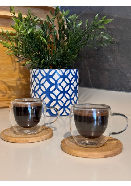 Kahve Fincanı Takımı 2 Kişilik Çift Çidarlı Kahve Fincanı Takımı Bambu Altlıklı