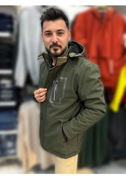 Erkek Outdoor Su ve Rüzgar Geçirmez Içi Kürk Detaylı Haki Softshell Kaban&mont