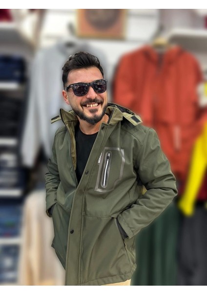 Erkek Outdoor Su ve Rüzgar Geçirmez Içi Kürk Detaylı Haki Softshell Kaban&mont