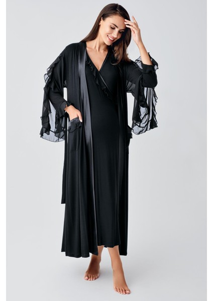 Uzun Şifon Kollu Esnek Viskoz Hamile Sabahlık Gecelik Takım 24106