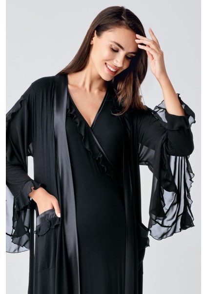 Uzun Şifon Kollu Esnek Viskoz Hamile Sabahlık Gecelik Takım 24106 modelleri