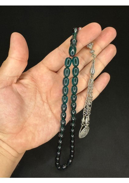 Ateş Kehribar Tesbih Koyu Yeşil Renkli Kapsül Kesim 11MMX8,5MM T-606