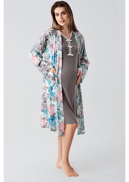 Uzun Kollu Desenli Viskon Hamile Sabahlık Gecelik Takım 24108