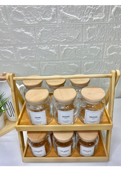12LI Vakumlu Ahşap Kapaklı Bambu Stantlı 300ML Cam Baharatlık Seti (Etiket Dahil)