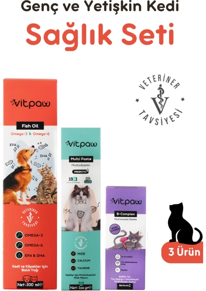 Yetişkin Kedi Sağlık Seti (Multivitamin Paste, Fish Oil, B+ Complex)