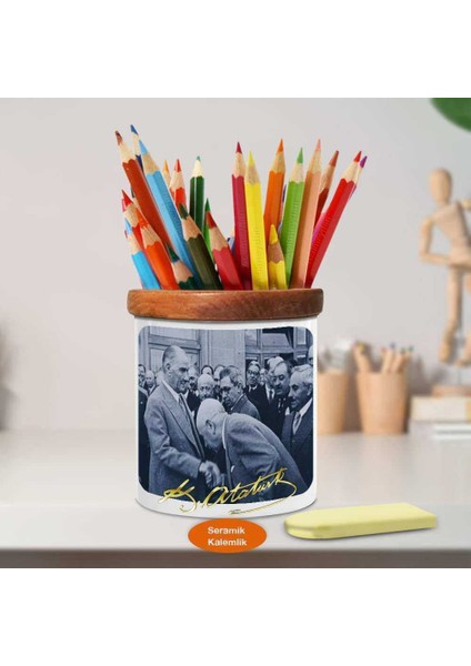 Ulu Önder Mustafa Kemal Atatürk Ahşap Seramik Kalemlik- S457 fiyatları