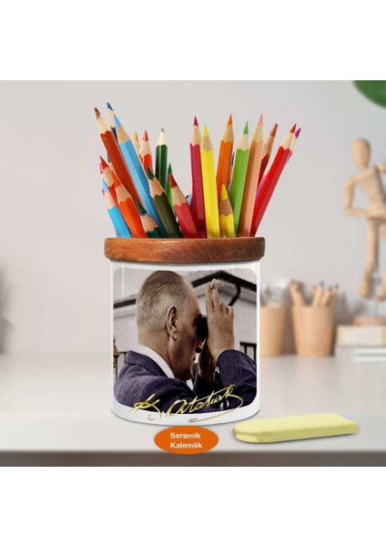 Dürbünle Bakan Kemal Atatürk Ahşap Seramik KALEMLIK-ATA_357 fiyatları