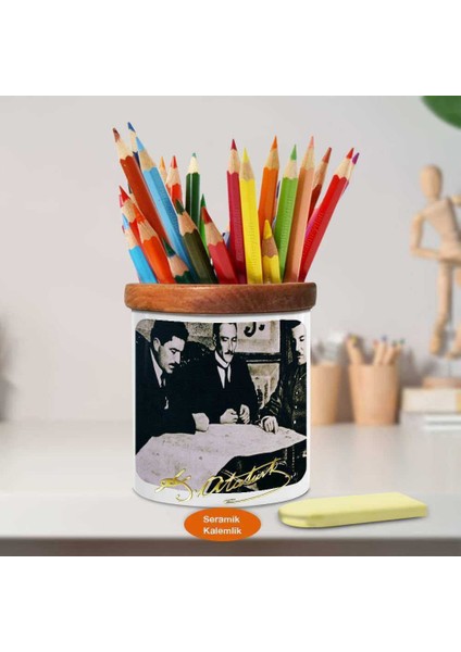 Harita Inceleyen Kemal Atatürk Ahşap Seramik KALEMLIK-(1016)
