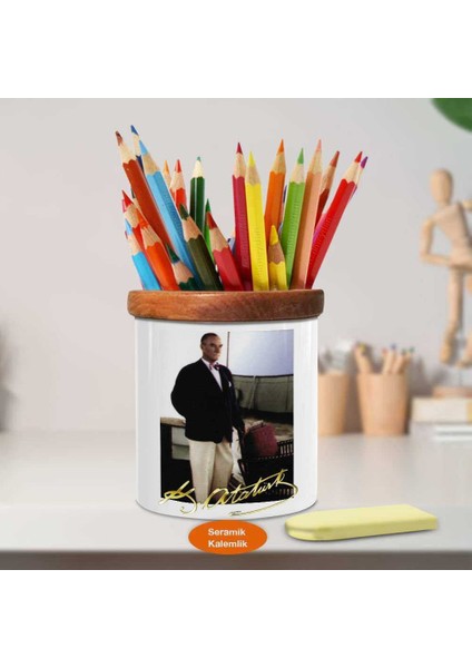 Karizmatik Mustafa Kemal Atatürk Ahşap Seramik Kalemlik -R198 fiyatları