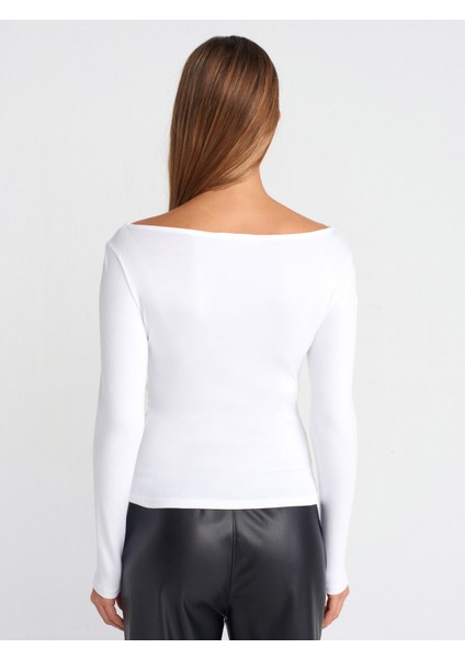 31401 Büzgülü Kayık Yaka Top-Beyaz fiyatları