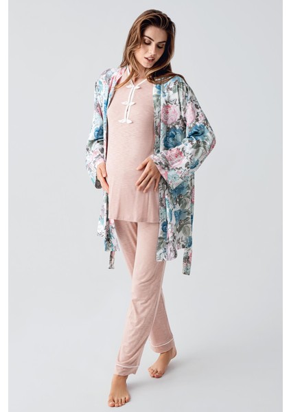 Uzun Kollu Desenli Esnek Viskoz Dokuma Hamile Sabahlık Pijama Takım 23108