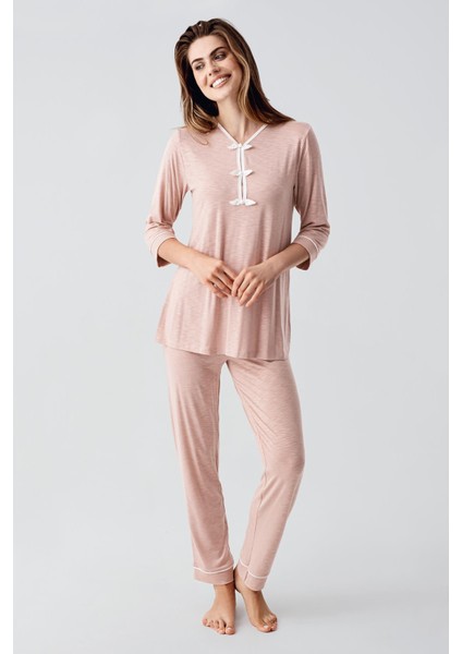 Uzun Kollu Desenli Esnek Viskoz Dokuma Hamile Sabahlık Pijama Takım 23108 fırsatları