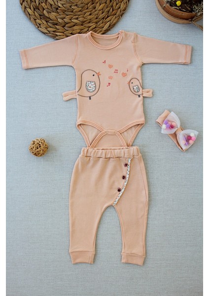 3-6 6-9 9-12 Ay Şarkıcı Kuşlar Nakışlı Bandanalı Uzun Kollu Zıbınlı 3lü Kız Bebek Takımı