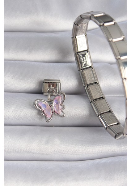 316L Çelik Gümüş Renk Pembe Zirkon Taşlı Sallantı Kelebek Figür Nomination Charm fiyatları