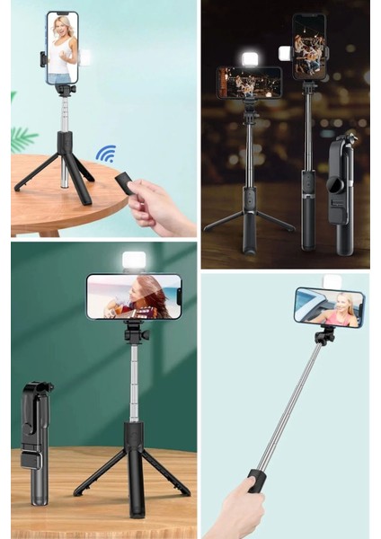 Kendiliğinden Işıklı Masaüstü Tripod Olabilen Telefon Tutuculu Kablosuz Kumandalı Selfie Çubuğu