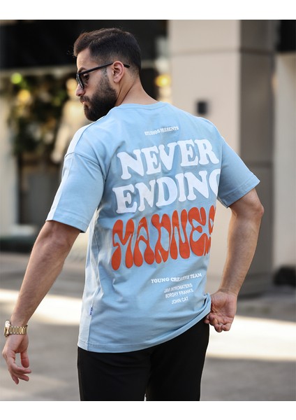 Premium Oversize Outside Sırt Baskılı T-Shirt Açık Mavi