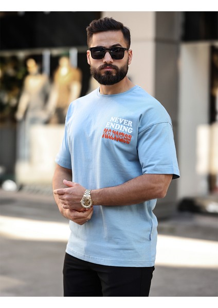 Premium Oversize Outside Sırt Baskılı T-Shirt Açık Mavi fiyatları