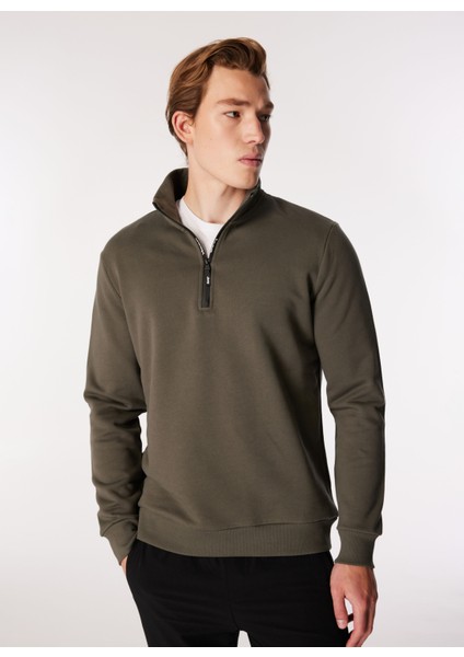 Dik Yaka Relaxed Haki Erkek Düz Sweatshirt C4WM-SWT4256