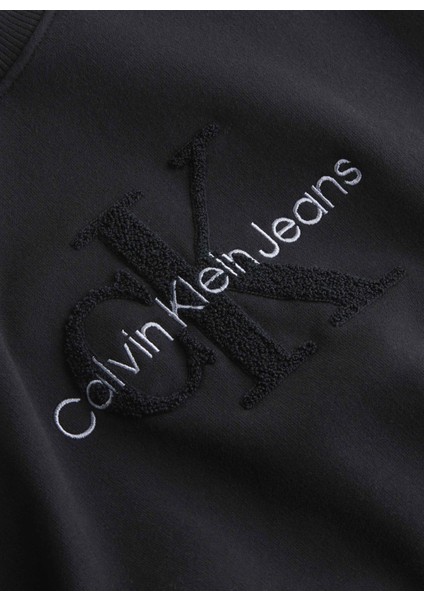 Yuvarlak Yaka Nakışlı Siyah Kadın Sweatshırt Chenılle Monologo Crewneck