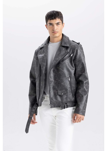 Su İtici Regular Fit Fermuarlı Cepli Suni Deri Ceket Mont C4862AX24WN fırsatları