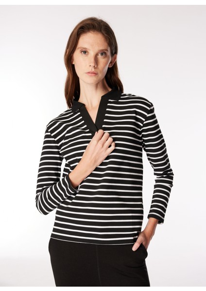 Polo Yaka Çizgili Siyah - Beyaz Kadın Sweatshırt PBF4WL-SWT5557