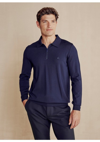 Brooks Brothers Polo Yaka Normal Lacivert Erkek Kazak Polo Yaka Düğmeli U.k Rayon Kazak