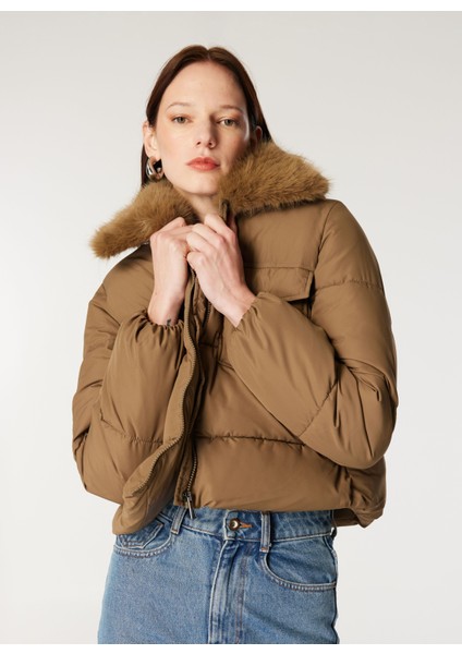 Açık Kahve Kadın Mont Onlmaggı Fur Puffer Lıfe cc Otw