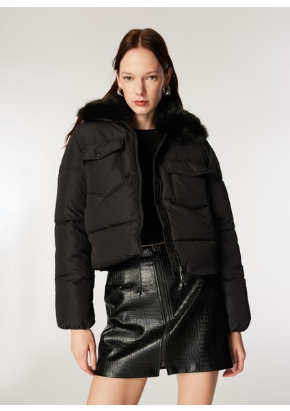 Siyah Kadın Mont Onlmaggı Fur Puffer Lıfe Cc Otw
