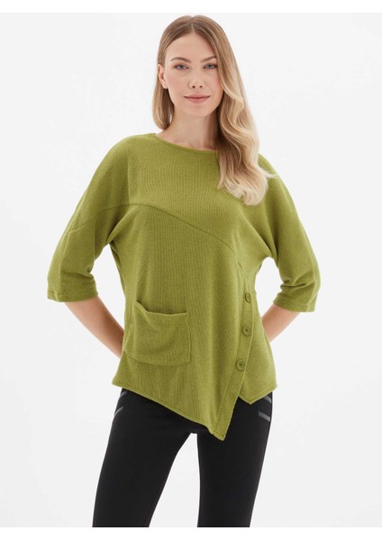 Yuvarlak Yaka Düz Yeşil Kadın Bluz 24KSL8959