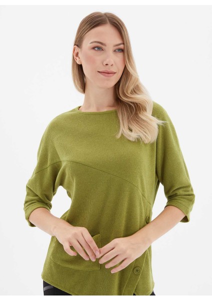 Yuvarlak Yaka Düz Yeşil Kadın Bluz 24KSL8959 fiyatları